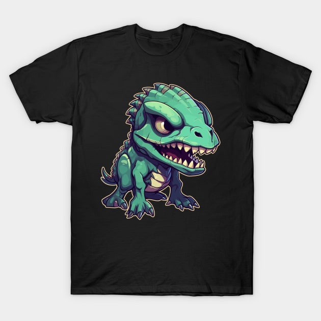 Sick Green Scary Chibi T-Rex Isometric Dinosaur T-Shirt by DanielLiamGill